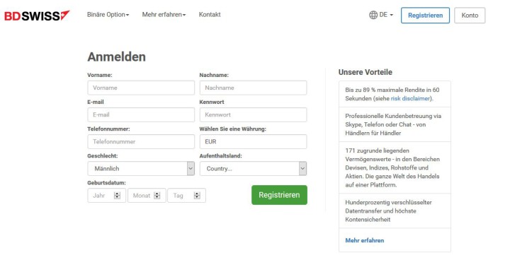 Kostenloses Konto bei BDSwiss.